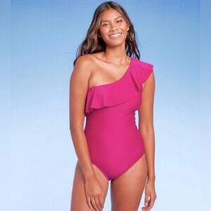 Women's Ruffle One Shoulder Full Coverage One Piece Swimsuit - NWT!